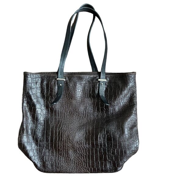 LAVORAZIONE ARTIGIANALE Leather Croc Deep Brown /Black Handle Handbag - Picture 1 of 16
